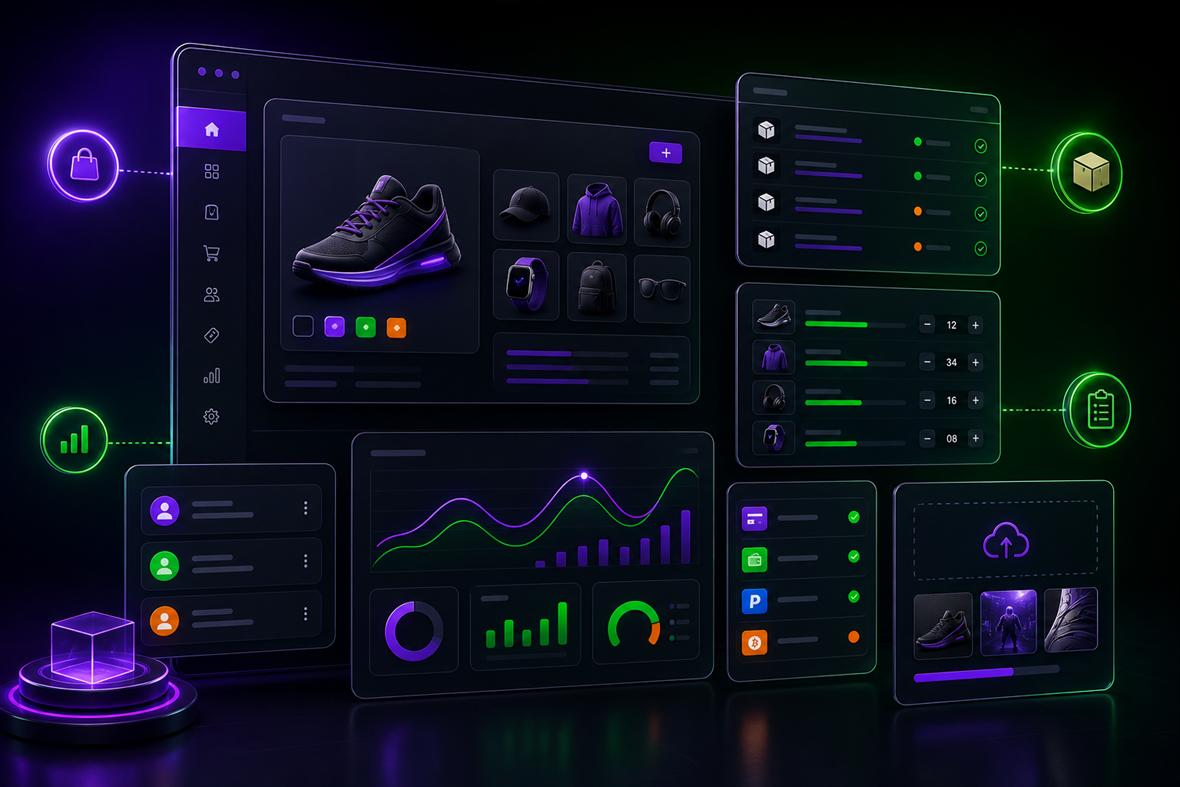 Panel de comercio electrónico con productos, pedidos, inventario y métricas