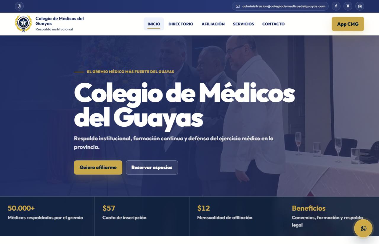 Captura real del sitio del Colegio de Médicos del Guayas